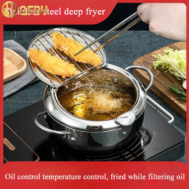 304 Stainless Steel Kitchen Tempura Fryer Pan 20 /24 /28cm Japanese Deep Frying Pot with a Thermometer and a Lid