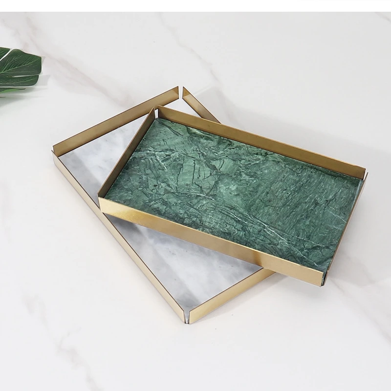 European light luxury rectangular metal frame marble tray Living room home trays decorative Fruit dish bathroom storage