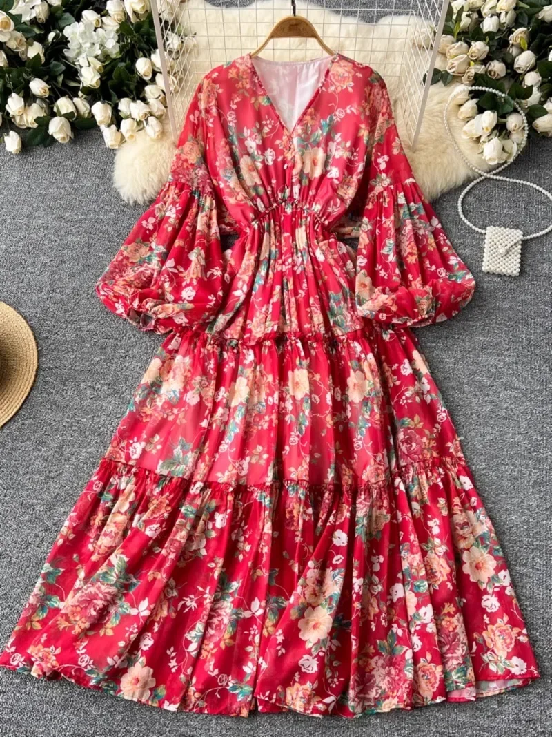 V-neck Lantern Long Sleeve Vestidos Mujer Broken Floral Women 2024 Dresses Autumn New Dress High Waist Vestido Fresh Robes