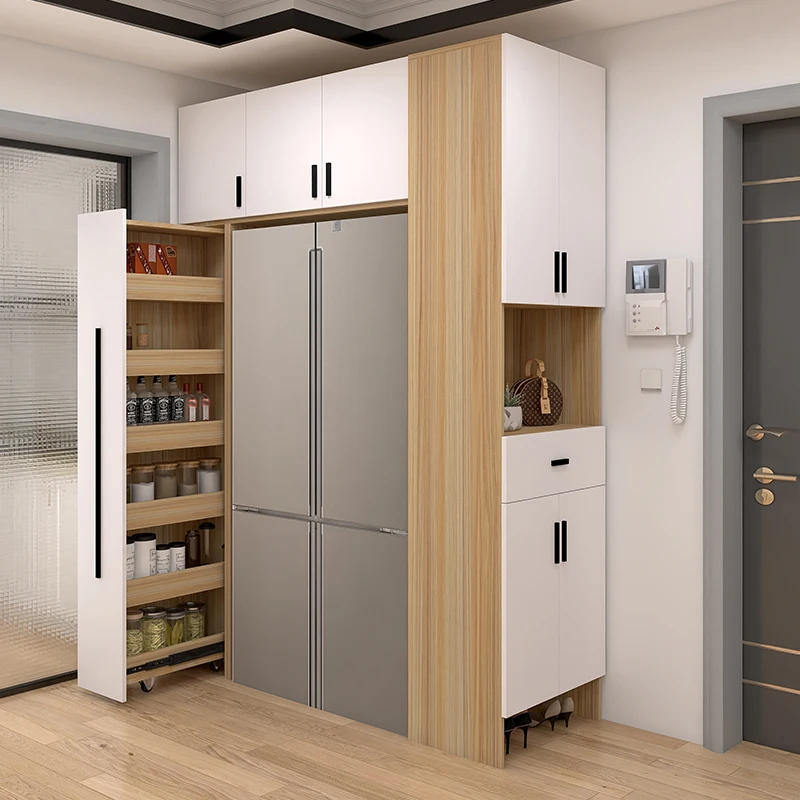 

Refrigerator cabinet, shoe cabinet integrated against the wall to the living room, storage and side cabinet embedded