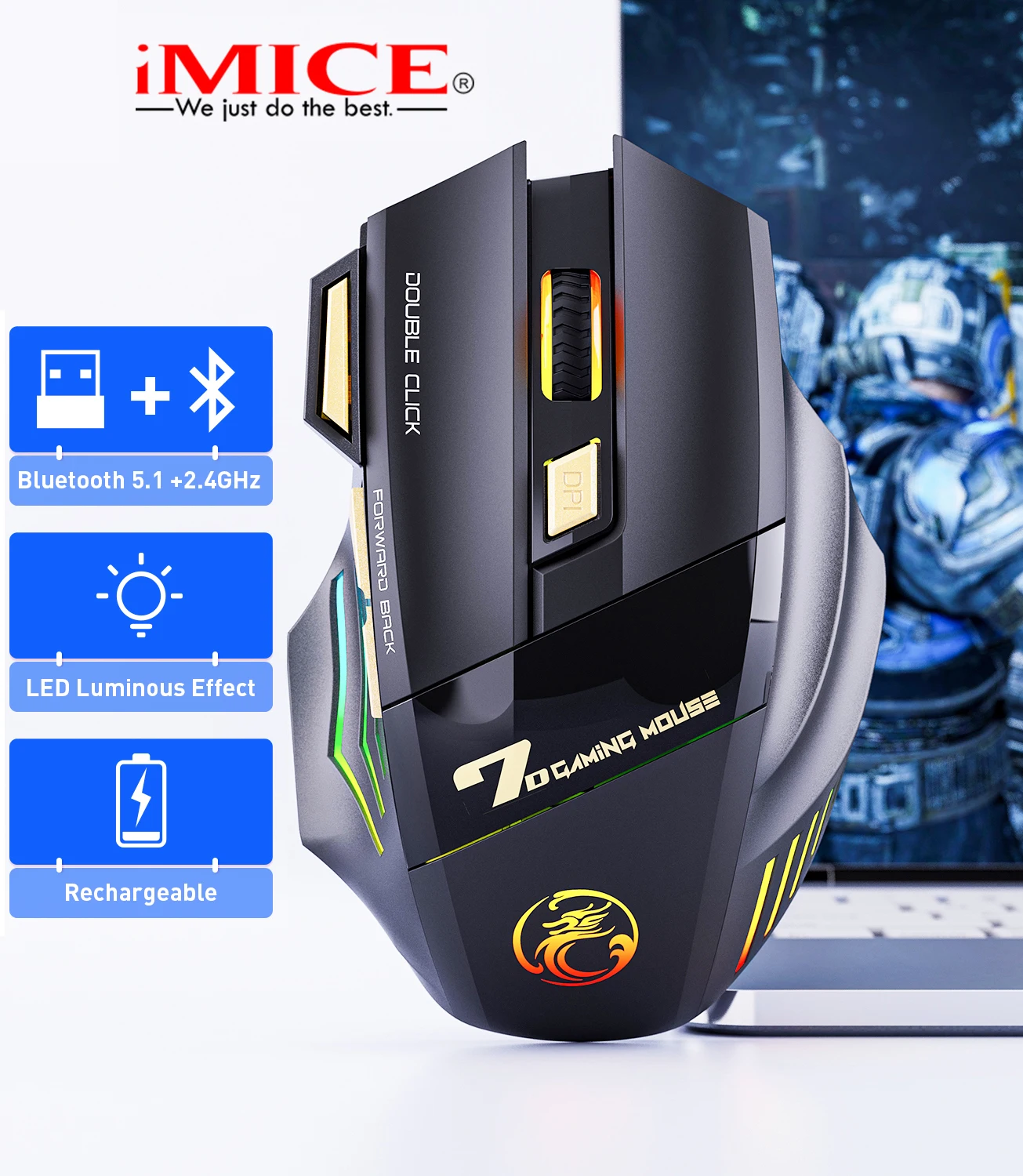 Rechargeable Computer Mice Wirless Gaming Wireless Bluetooth Silent 3200 DPI Ergonomic USB Mause With Backligh