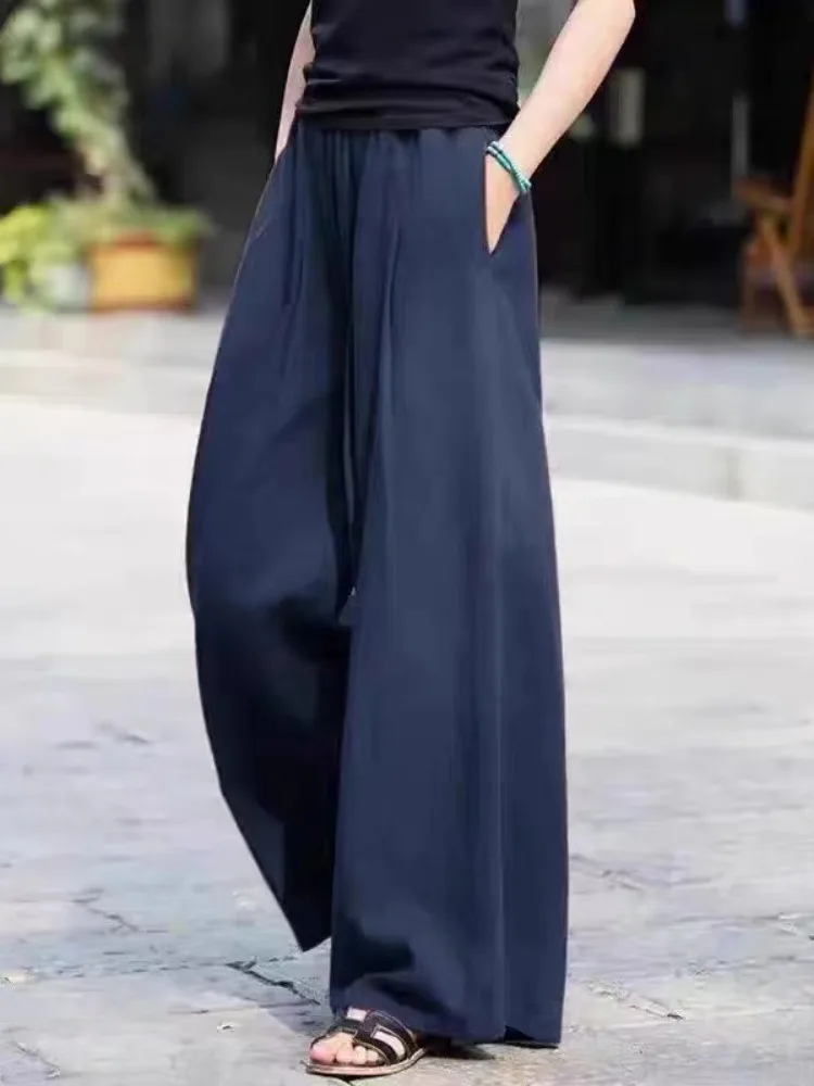 กางเกงขายาวผ้าลินินทรงหลวมสำหรับผู้หญิง ใส่สบายในฤดูร้อน ทรงกระโปรงยาวแบบหลวม ไซส์ใหญ่ ใส่สบายๆ สไตล์ลำลอง ยามาน กางเกงขายาวทันสมัย
