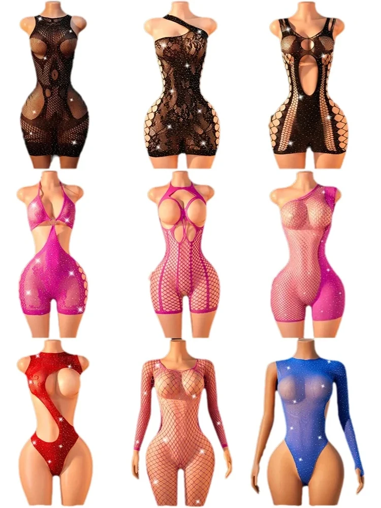 

Women's Sexy Lingerie Lace Fishnet Mesh Hollow Out Bodycon Dress with Sparkly Rhinestone Exotic Teddies Bodysuit for Night