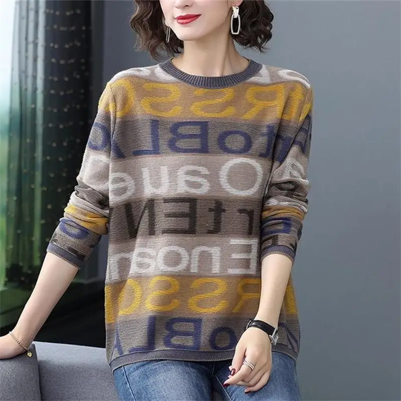 

Women's Clothing Fashion Letter Patchwork Sweaters Autumn Winter All-match Contrasting Colors Round Neck Commute Knitted Jumpers