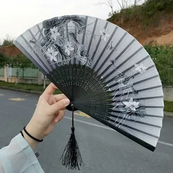 Chinese Archaic Folding Fans with Tassels Floral Decoration Fans Hollow Bamboo Rib Fan Woman Summer Handheld Fans