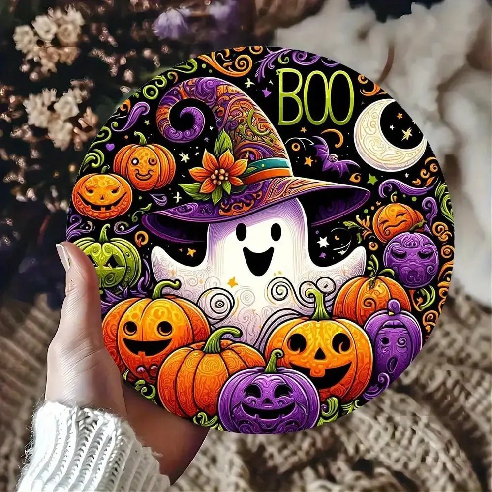 2D Flat Halloween 'Boo' Decorative Sign - 8x8inch Round Aluminum Wall Art With Witch Hat, Pumpkin, Bat And Star - Vibrant Purple, Orange, Black And White Design, Suitable For Home, Cafes, Bars, Kitchens - No Electricity Required, Easy To Hang Securely