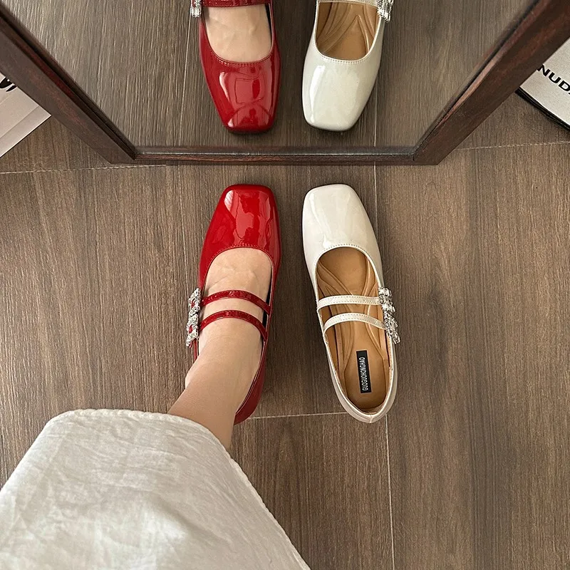 2024 Spring New Women Shoes Fashion Red Ladies Elegant Mary Jane Shoes Square Heel Casual Dress Outdoor Ballerinas