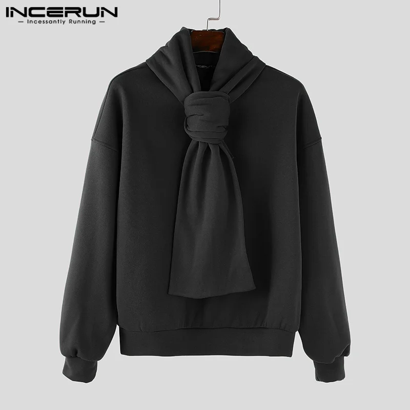 INCERUN 2024 New Mens Autumn Sweatshirts Cape Neck Tie Up Solid Color Long Sleeve Warm Pullovers Casual Solid Male Hoodies S-5XL