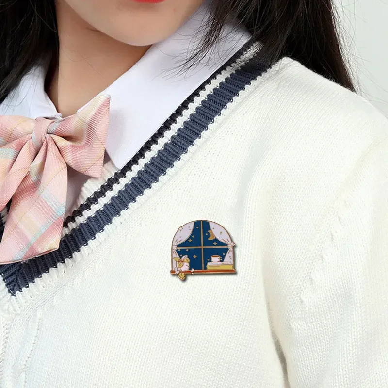 بروش نافذة ليلي مرصع بالنجم ، ليالي مريحة ، دبوس مينا ، كتاب نبات ، شارة قهوة ، مجوهرات رائعة #6