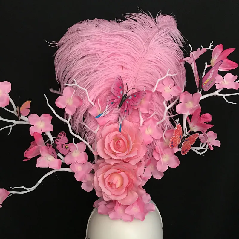 Chinese Wind Forest Female Pink Feather Headpiece Butterfly Personalized Creative Model Walking Stage Performance