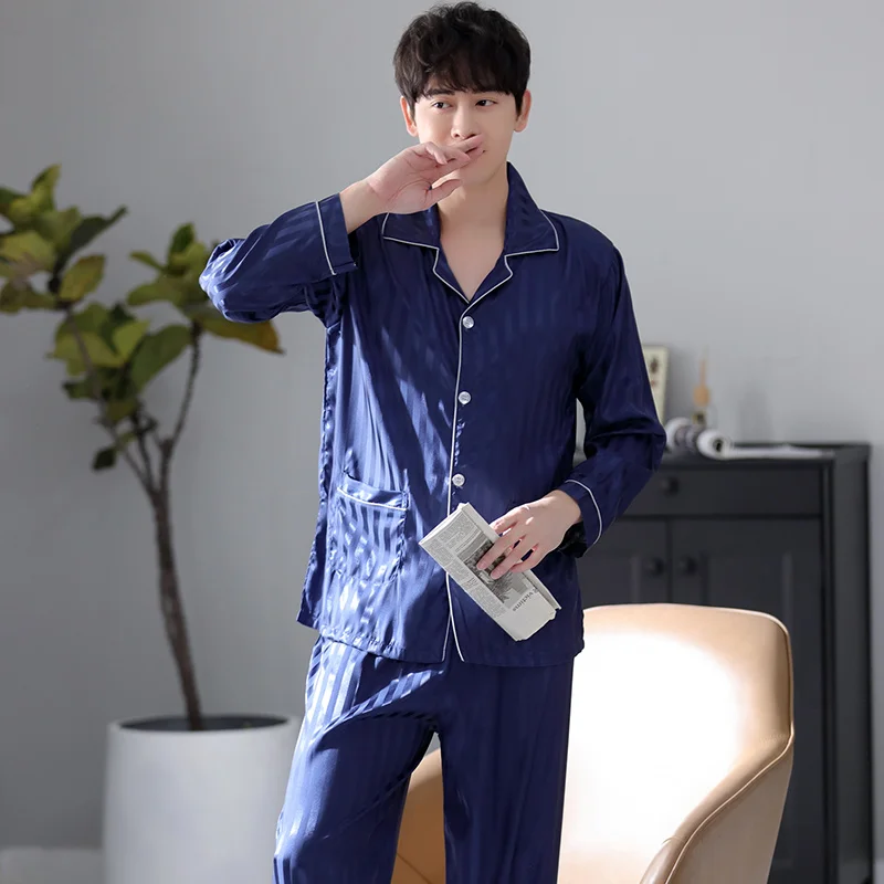 

Весенние мужские пижамные комплекты, шелковая атласная одежда для сна для мужчин, рубашка с длинным рукавом, пижама, мужская модная домашняя ночная одежда, одежда для дома большого размера