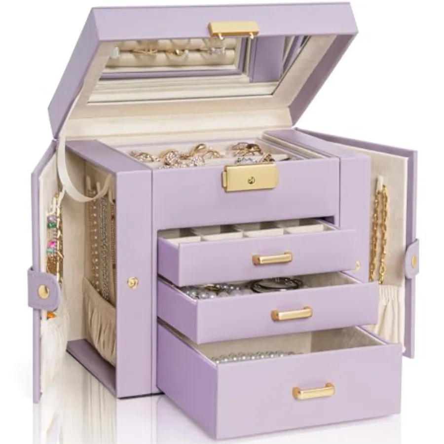 

4-Tier Jewelry Box Leather Jewelry Storage Organizer with 3 Drawers Lockable for Women Girls Ring Necklace Earring Bracelet Hol