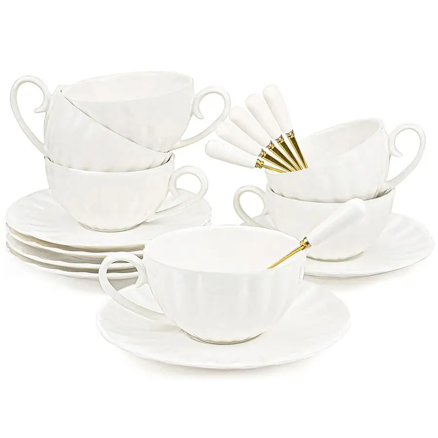 

Set of 6 Royal Tea Cups and Saucers, 6 oz White Porcelain Tea Set amp British Coffee Cups, White Latte Cups and Espresso Mug for