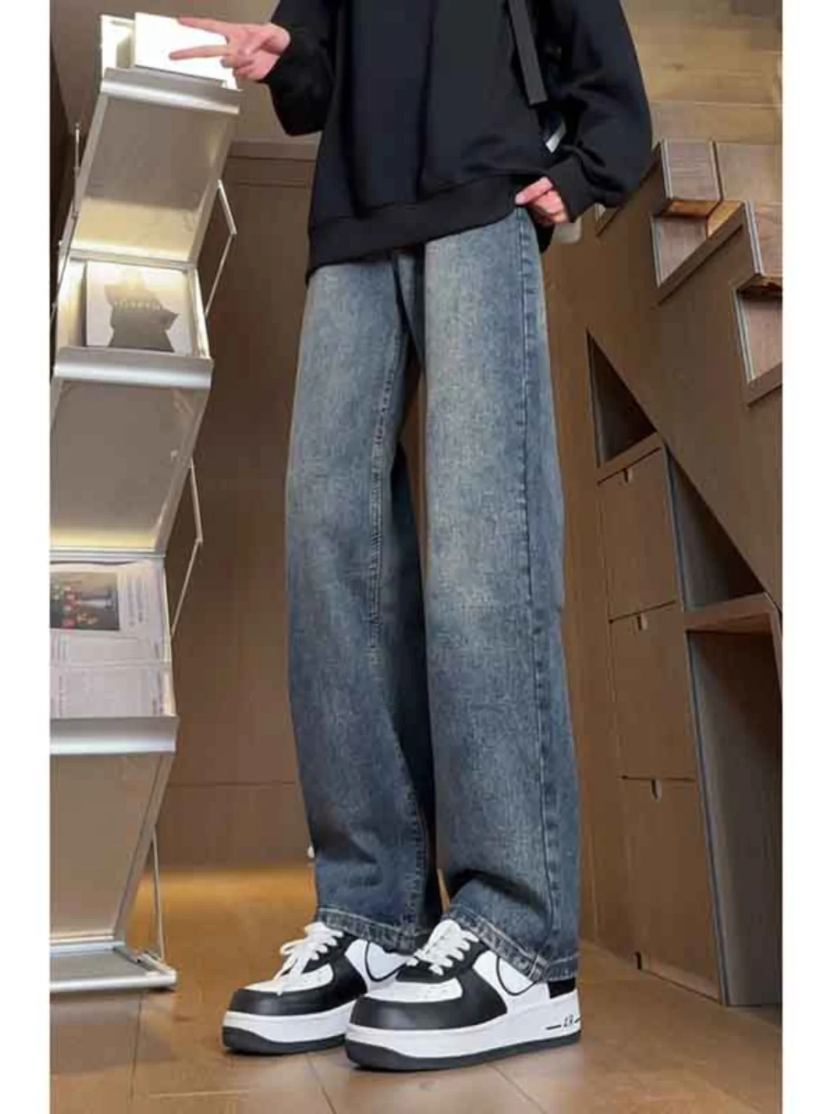 

Cleanfit Men's Blue Washed Jeans High Waist Extended Length Straight Leg Cotton Denim Trousers Youth Fashion Wear Resistant