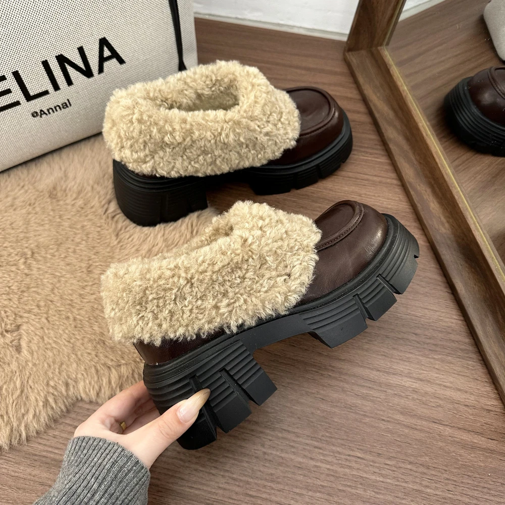 

Soft Leather Version Waterproof Platform High Heels Furry Slip-On Booties Women's Thick Bottom Winter Warm Cotton Boots