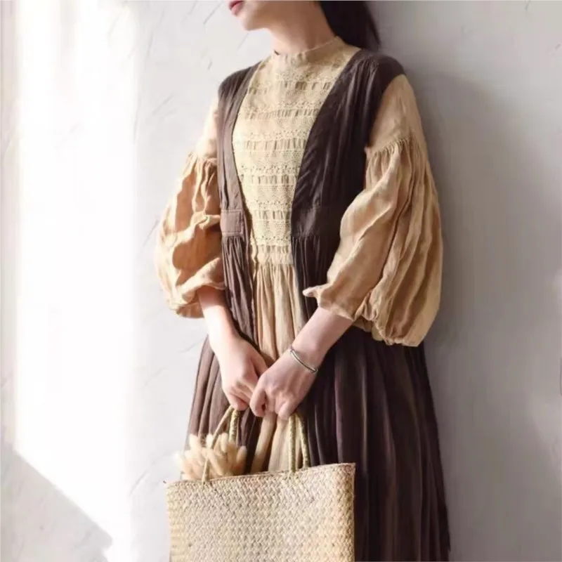 Johnature Vintage Linen Puff Sleeve Women Dresses 2024 Summer New Solid Color Patchwork Lace Loose Pockets Female Dress