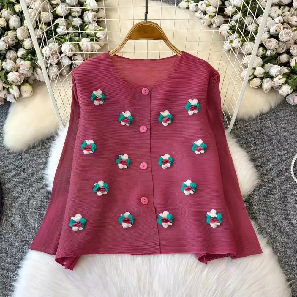 Elegant Appliques Flower Miyake Pleated Shirts Women O-Neck Long Sleeve Fashion All-match Casual Loose Cardigans Chiffon Tops view 6