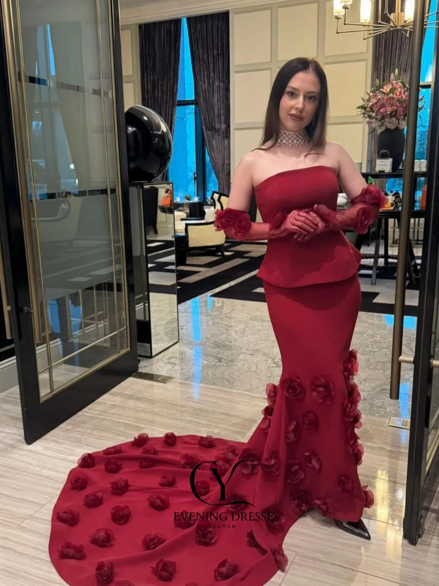 CUYUN Luxus Rot Abendkleider Sexy 3D Blumen Ärmellose Liebsten Elegante Prom Kleider Party Angepasst Vestidos De Noche