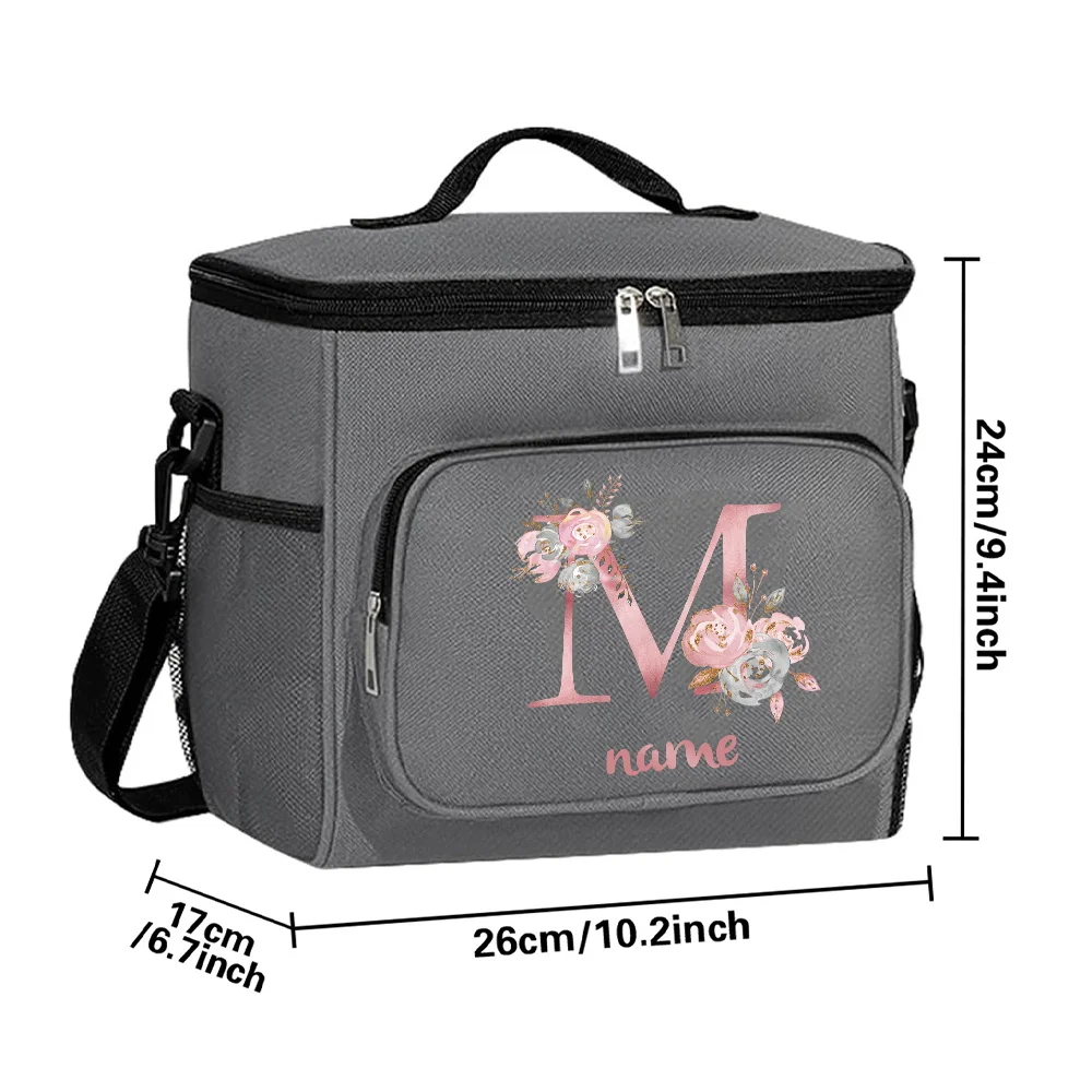 Customizable Name Grey Lunch Bag Insulated Handbag Multi functional Picnic Lunch Box Waterproof Lunch Box Pink Letter Series