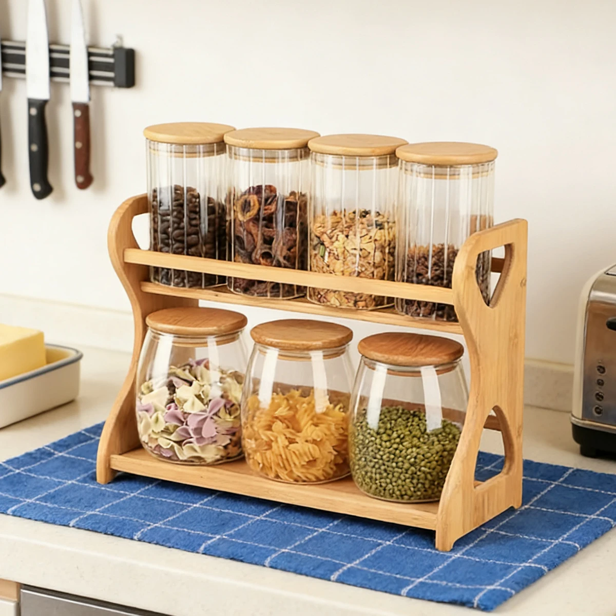 

Компактная бамбуковая полка для специй без сборки, под шкафом и угловой органайзер для приправ для хранения приправ в кухонной кладовой