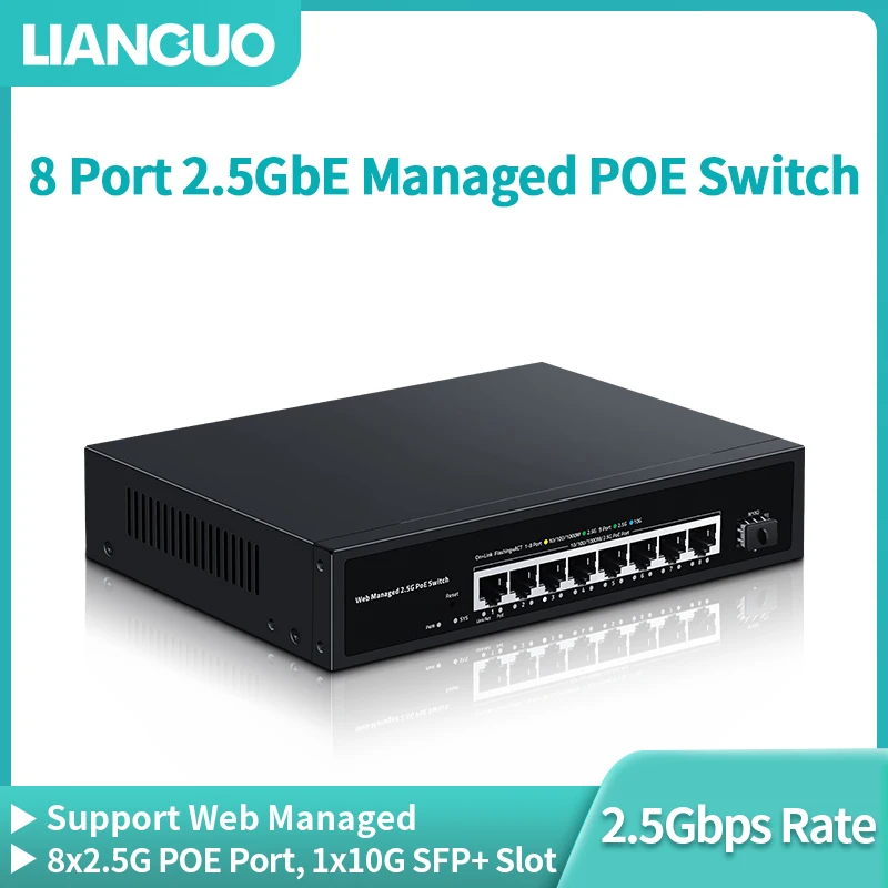 Lianguo-poeスイッチ,監視カメラ用,2.5 GB,8ポート,2.5 GBASE-T, 10g