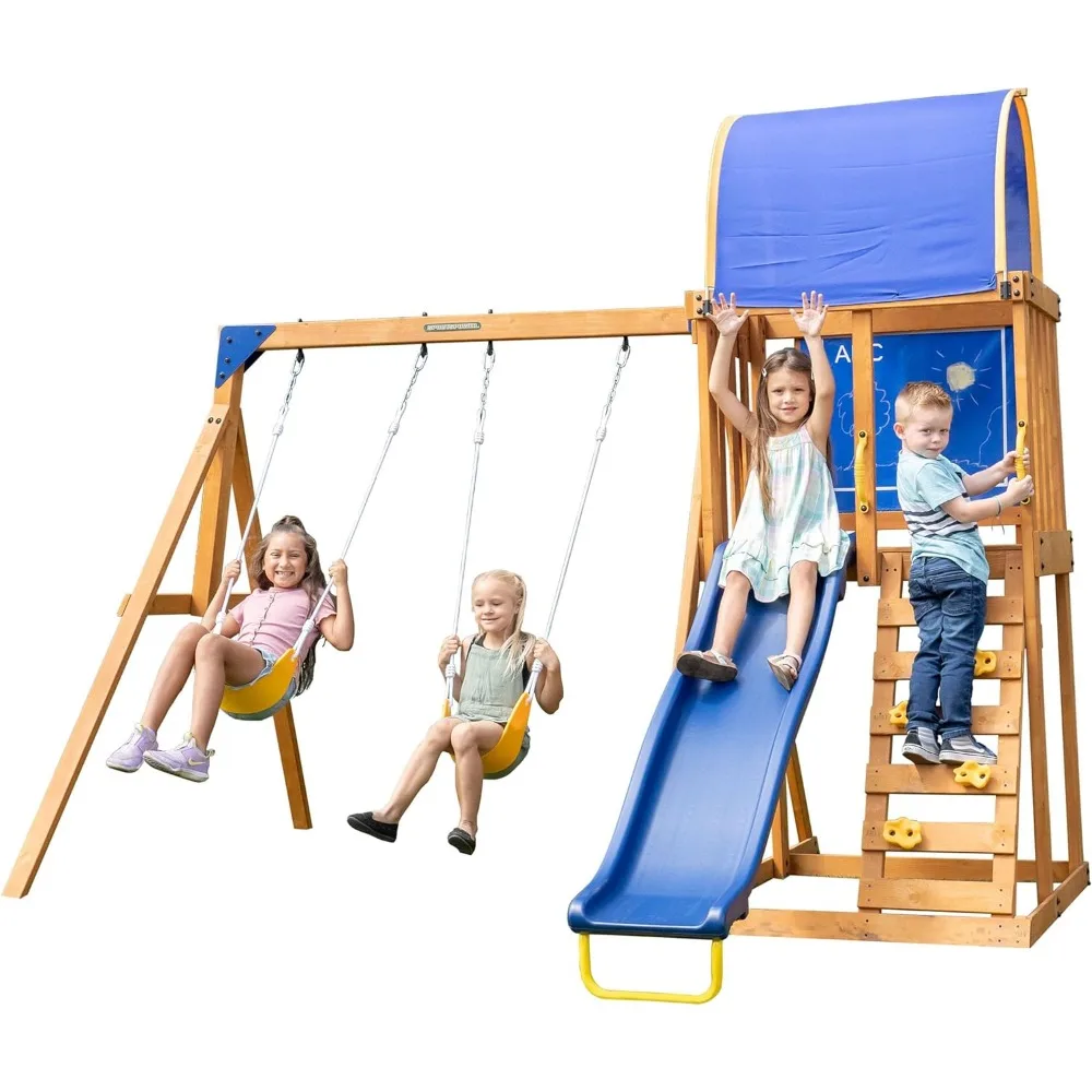 Augusta Wooden Swing Set with Heavy Duty A-Frame & 6ft Double Wall Slide, Bonus Anchor Kit Included