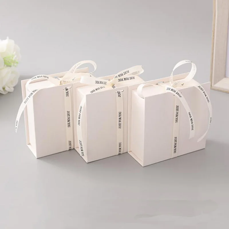 White Ribbon Gift Box Square Jewelry Organizer Box Engagement Ring For Earrings Necklace Bracelet Display Carrying Cases 5Pc/Lot