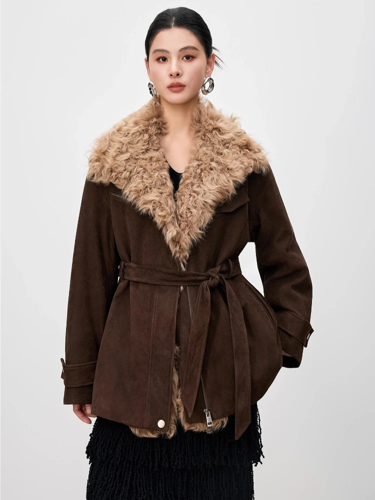 

Natural Wool Collar Genuine Leather Camel Down Jackets for Women High-end Simple Deer Textured Real Goatskin Down Coat with Belt