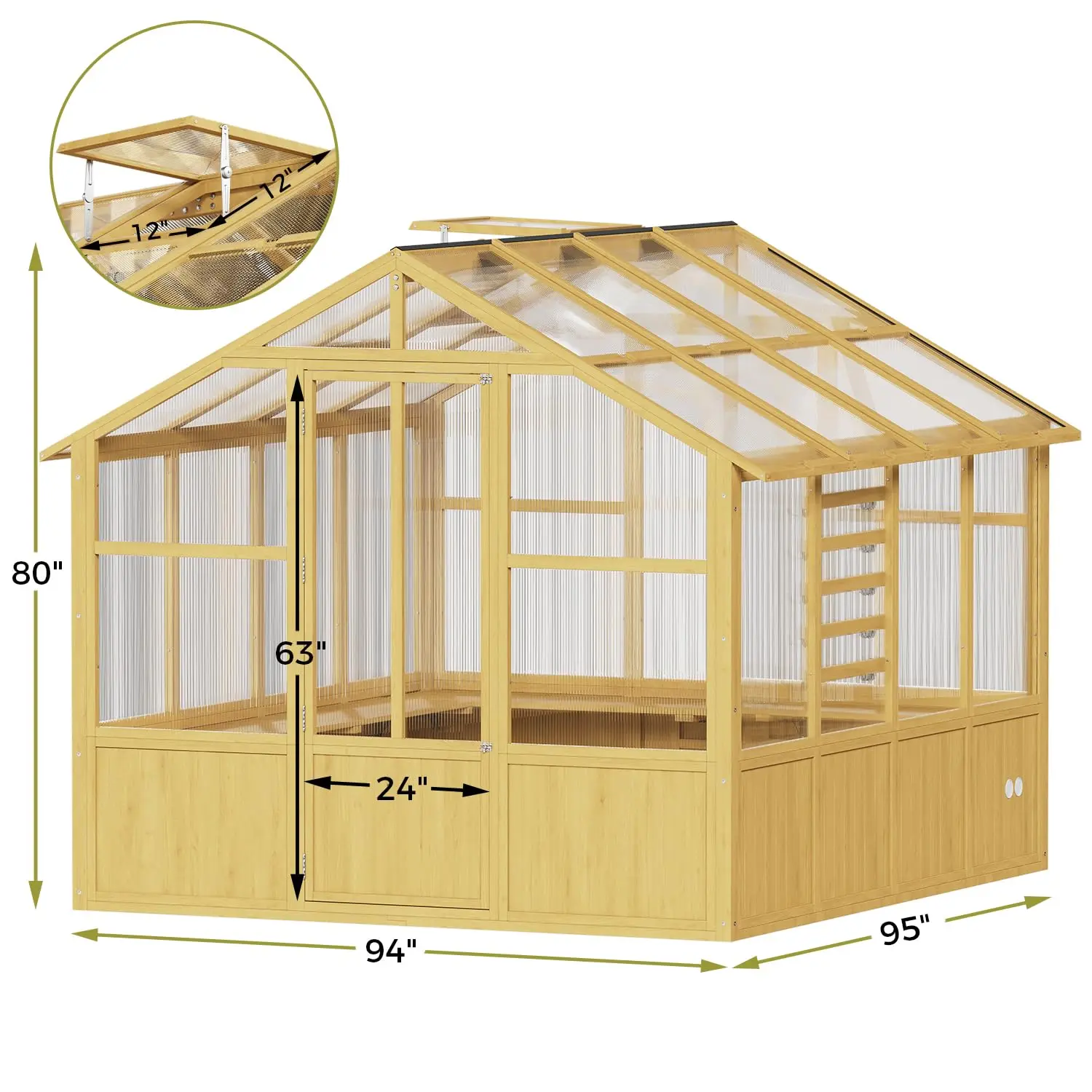 8 x 8 FT Outdoor Wooden Greenhouse, Walk-in Heavy Duty Greenhouse, Cedar Frame with 6MM Thick Polycarbonate Panel, Customized