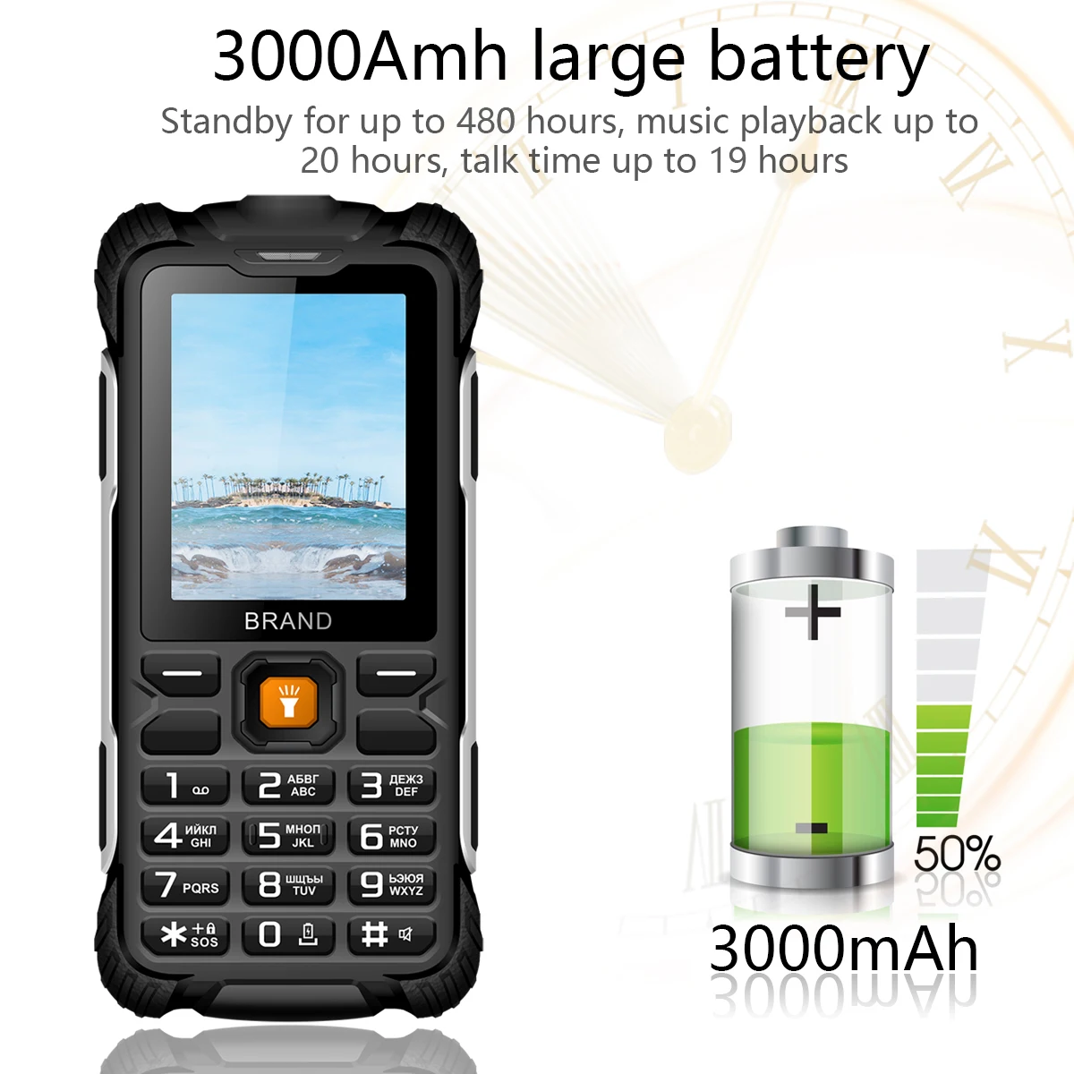 Téléphone robuste AAA + 2G, batterie externe 3000mAh, longue veille IP68, étanche à l'eau/à la poussière, bouton-poussoir, torche, clavier, téléphones