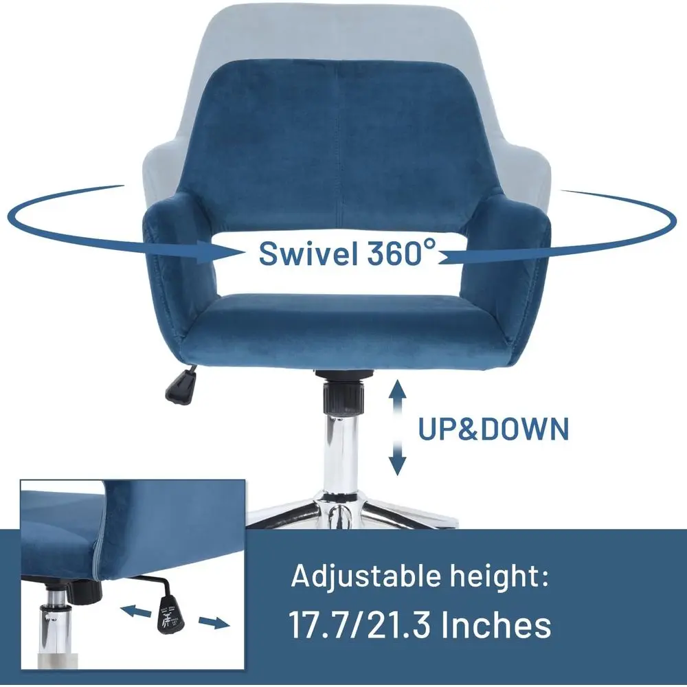 바퀴가 달린 중간 등받이 벨벳 책상 의자: 조절 가능, 다크 블루, 홈 오피스, 거실, 메이크업 및 공부용