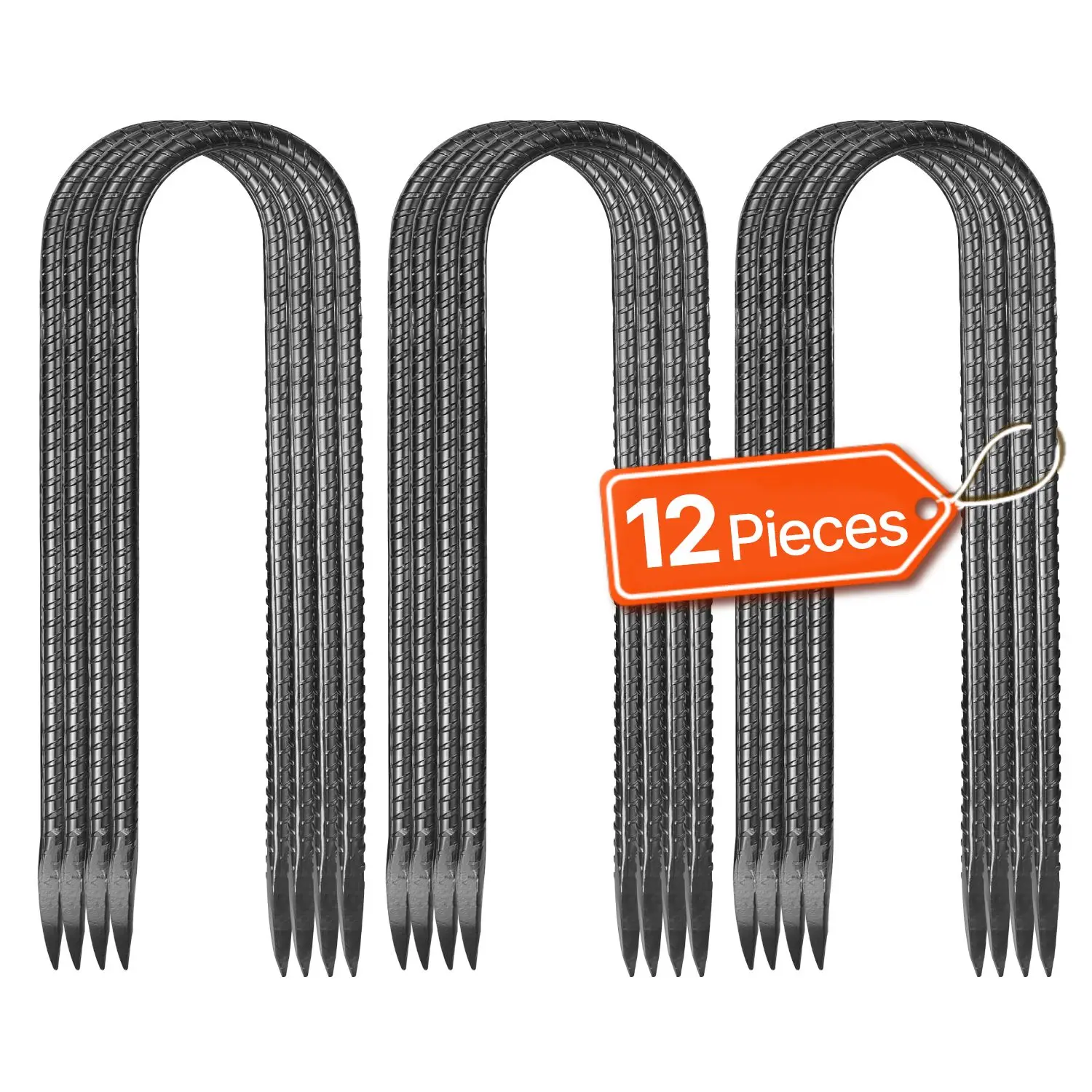 Rebar Stakes, 10-Inch, Heavy-Duty 0.32 in Diameter U Shape, Galvanized Steel Ground Anchors with Chisel Point End & Rust-Resistant Coating, for Gardening Support, Fence, Camping Tents (12-Pack)