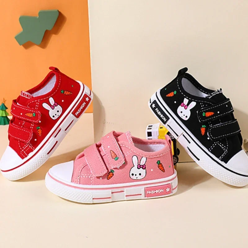 Children New Fashion Canvas Sneakers Kids Adorable Rabbit Cartoon Prints Board Shoes Hook and Loop Flat Sole Non Slip Shoes