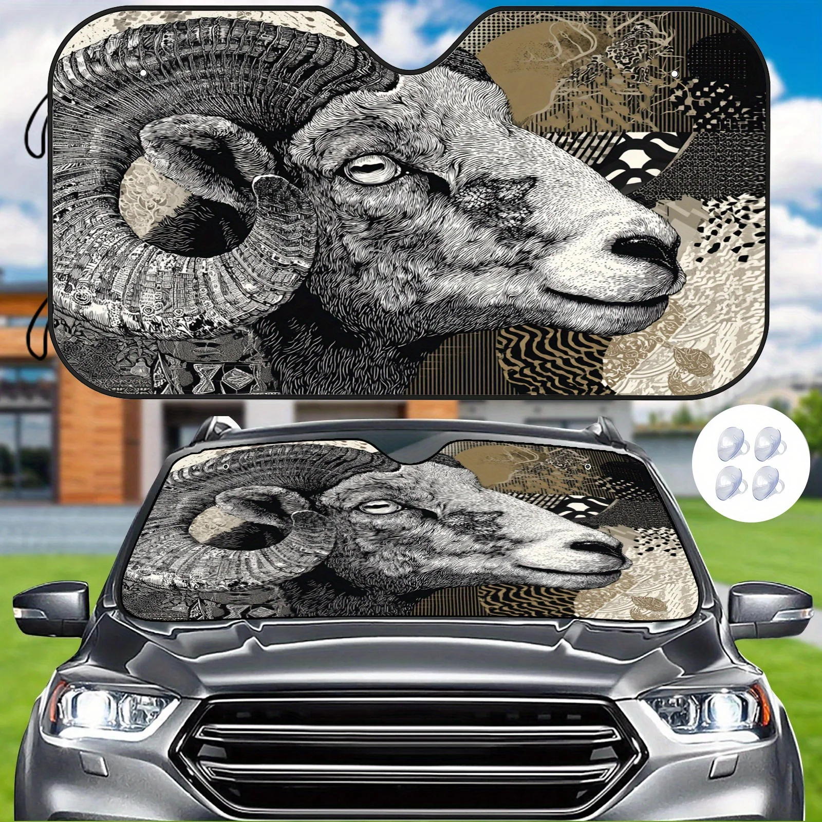 Collage Art For Car Sunshade, Trendy Pattern Design, Easy To Install And Durable, Comes With 4 Suction Cups To Help Regulate The