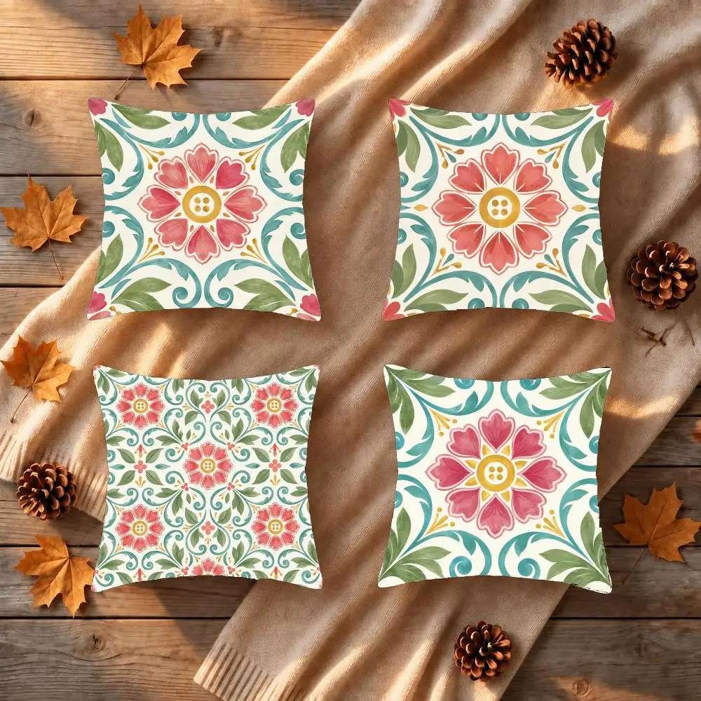 Floral Tile Vintage Chic Cushion Cover 1/4Pcs Soft Plush Throw Pillow Cover Double-Sided Print Sofa Living Room Decor