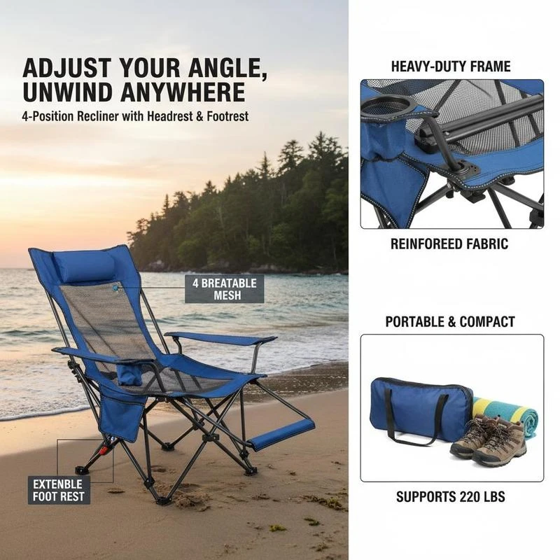 Adjustable Outdoor Lounger 23x23x37 Inch For Beach Patio Camping, 4 Positions Headrest Footrest Mesh Breathable Foldable Steel Frame 220 lbs Capacity Blue