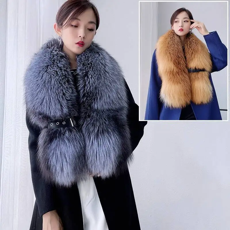 Winter Luxury Fur Scarf  Real Fox Fur Collar Large Size Belt Buckle Neck Warmer Women Fur Shawls Furry Scarves Pelt Wraps Long