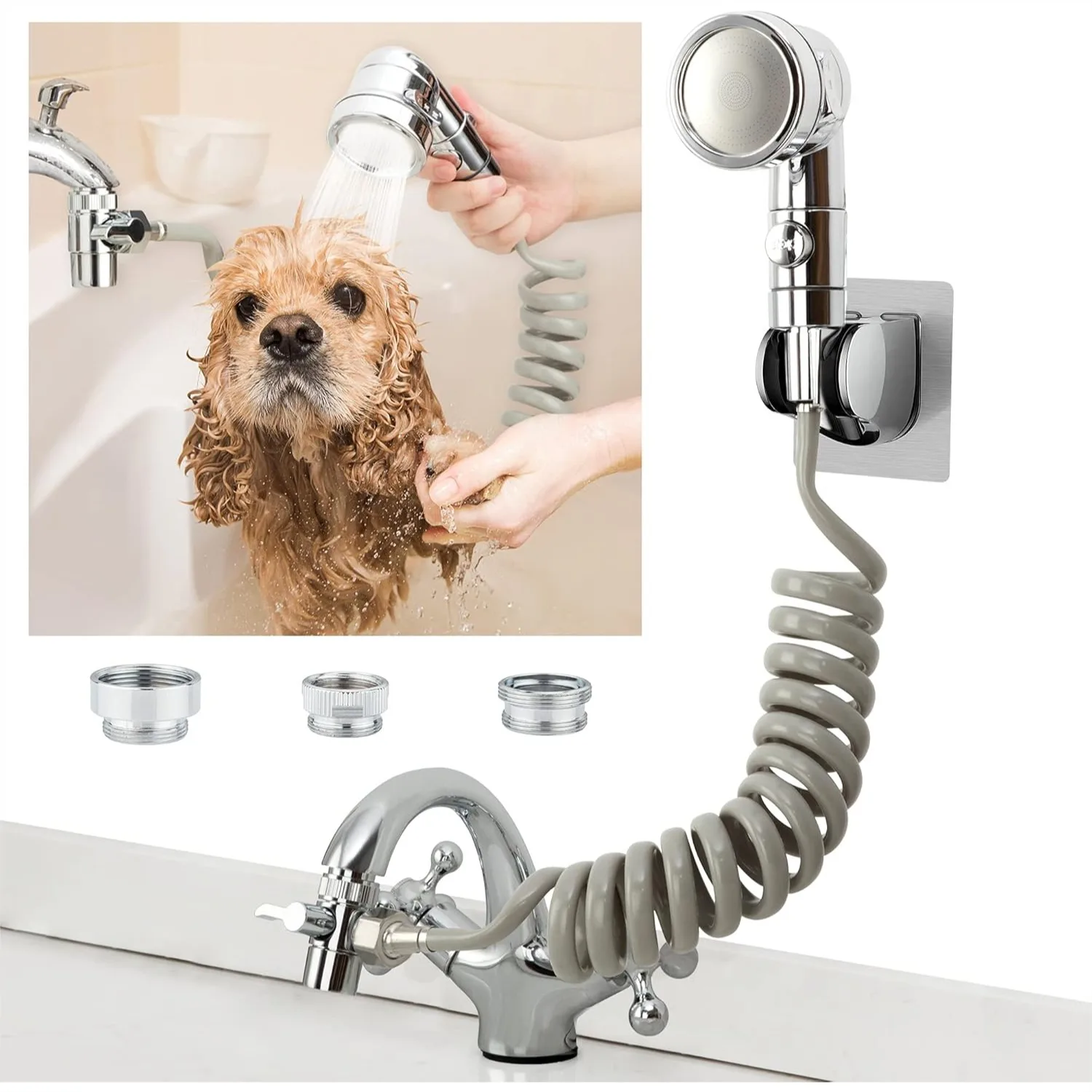 

Sink Faucet Sprayer Attachment Pet Rinser Showerhead with Stop Valve, 3 Spray Modes, Stretchable Hose for Dog Bathing, Hair