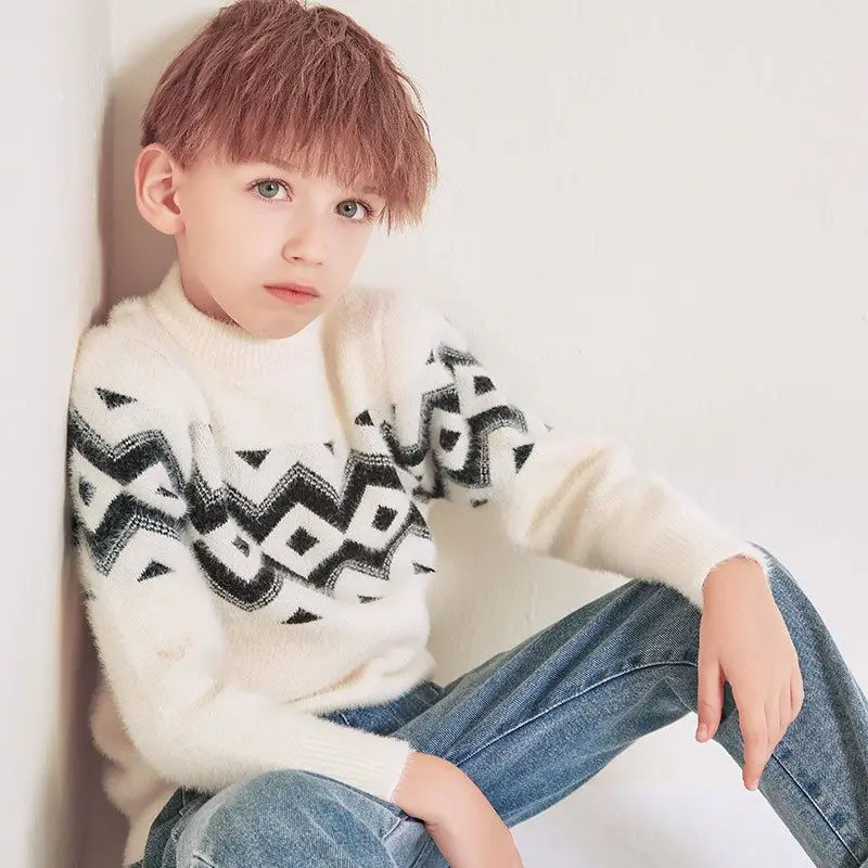 Boy Pullover Plush Thickend Warm Sweater New Autumn Winter Children\'s Knit Sweater O-Neck Stripe Full Sleeve Knitwear 3-14T