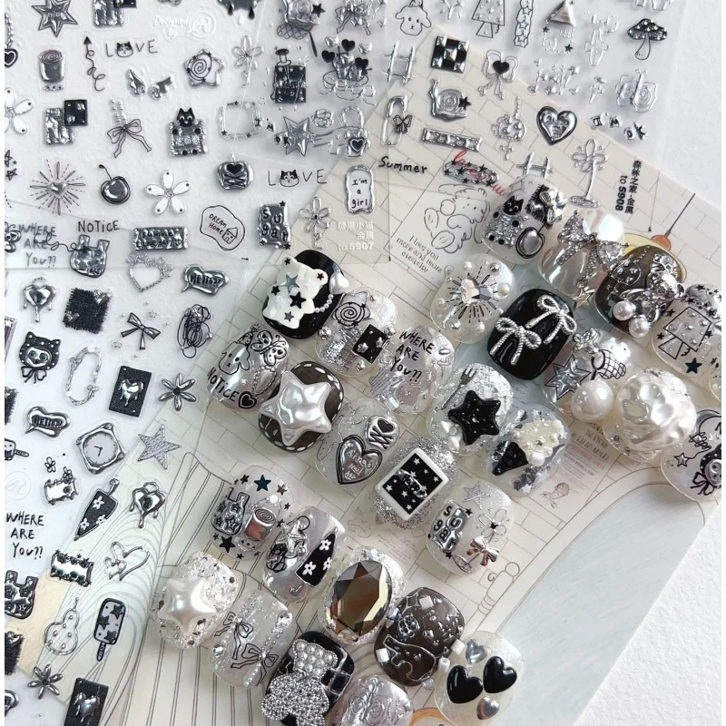 Gothic Letter Nail Stickers Black Silver Metal Star Moon Clock Butterfly Heart Nails Decorations Self Adhesive Nail Art Stickers
