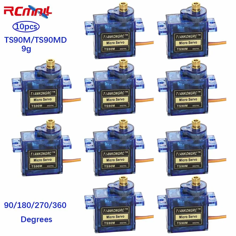 RCmall 10pcs TS90M/TS90MD Micro 9g Analog/Digital Servo Full Metal Gear SG90 90/180/270/360 Degrees Adjustable Speed for Robot