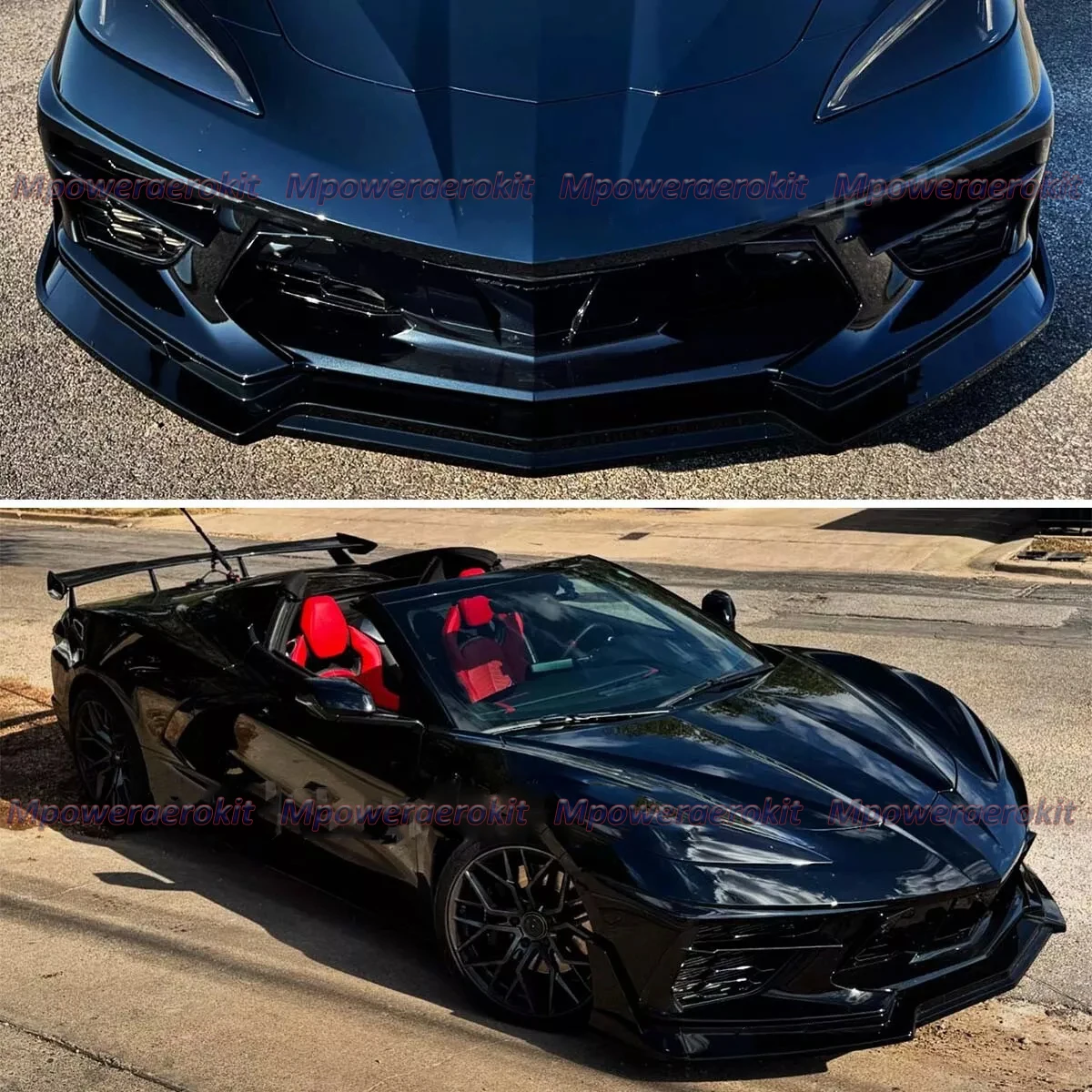 سبويلر فاصل أمامي من Magickit لـ 2020-2023 كورفيت C8 ZR1 نمط شفة ممتصة للصدمات الأمامية STG 3 جناح الشفاه سبويلر 7 قطعة أسود لامع #2