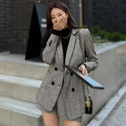 High Quality Elegant Suits Women Office Lady Long Sleeve Blazer Coat + Shorts Two Piece Sets Korean Fashion Autumn Witner Outfit