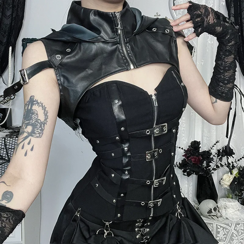 Goth Dark Punk Style Sleeveless Zip Hooded Crop Tops Women Cyber Y2K Faux Pu Leather Hoodies Smock Mall Gothic Streetwear 2025