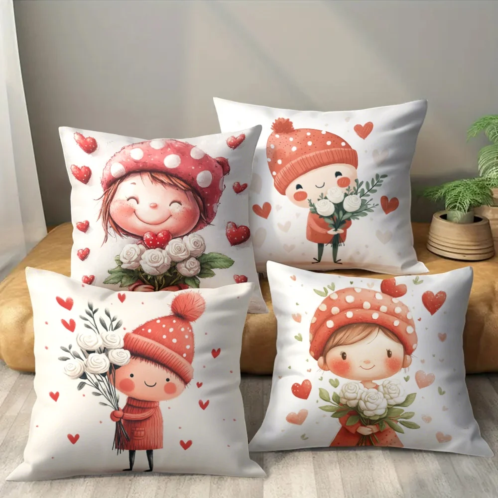 4pcs Cartoon romantic hearts Single-sided printing Short plush Suitable for living rooms bedrooms sofas (excluding pillow cores)