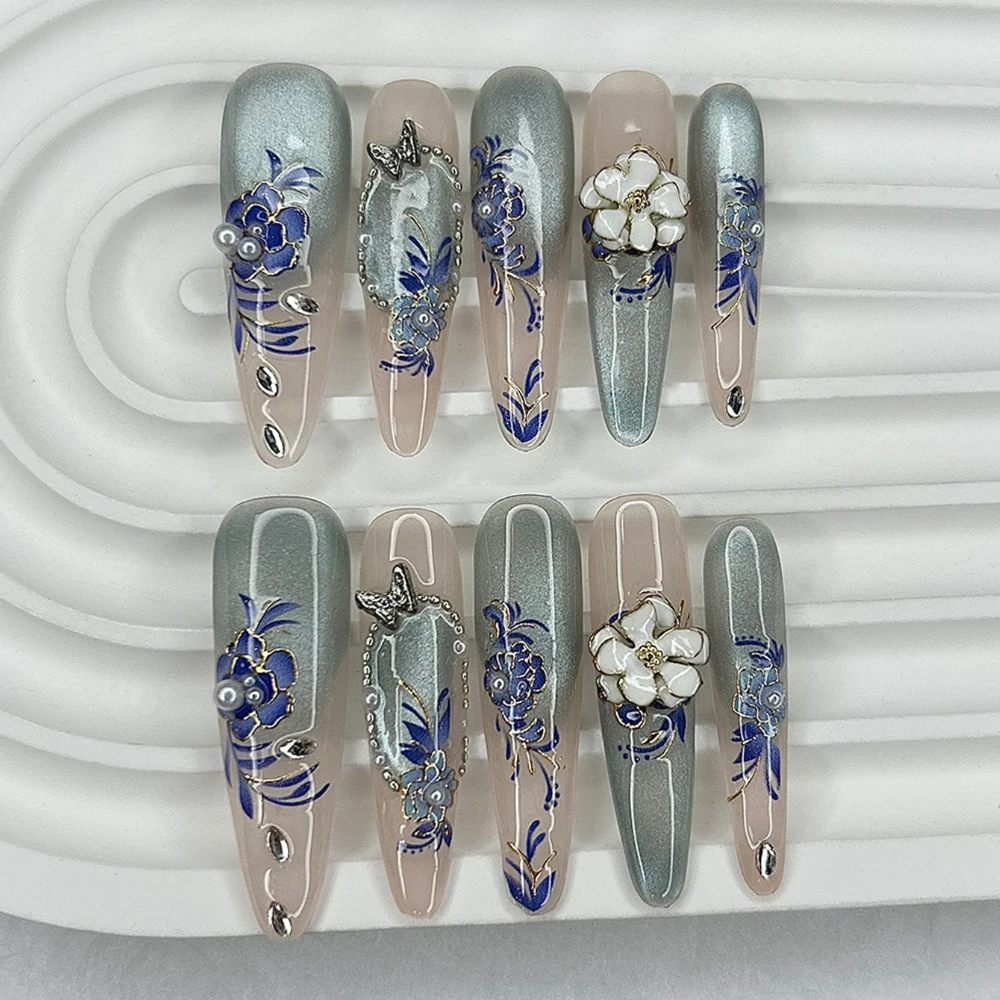 10 piezas de Ojo de Gato azul hielo, flores delicadas, prensa hecha a mano en las uñas, gradiente de perla, Celadon, uñas postizas, removibles y reutilizables