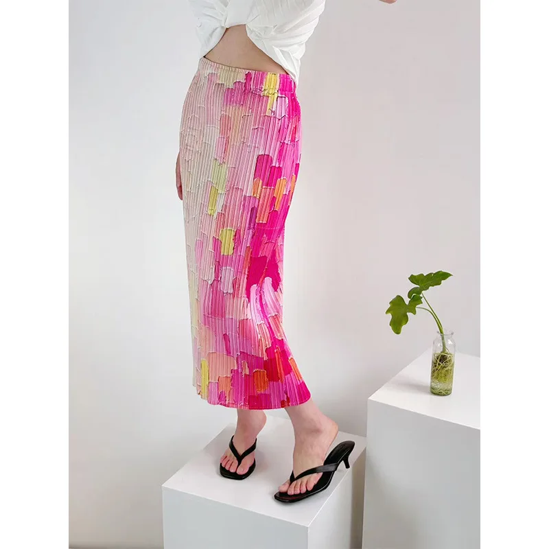 

Miyake Fold 2024, весна/лето, новая прямая полуюбка с принтом, модная утягивающая универсальная юбка