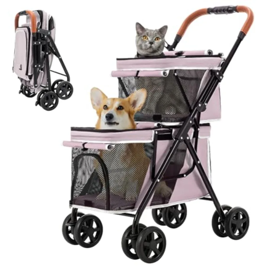 

Double Pet Stroller for Dogs and Cats, One-Hand Folding Travel Carriage for Small Medium Pets, 4 Wheels, Pink Polyester, Lightw