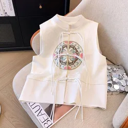 Chinese Style Vest New Women Spring Summer Embroidery Tassel Knot Button Jacket Female Sleeveless Short Coat Vintage Satin Vest