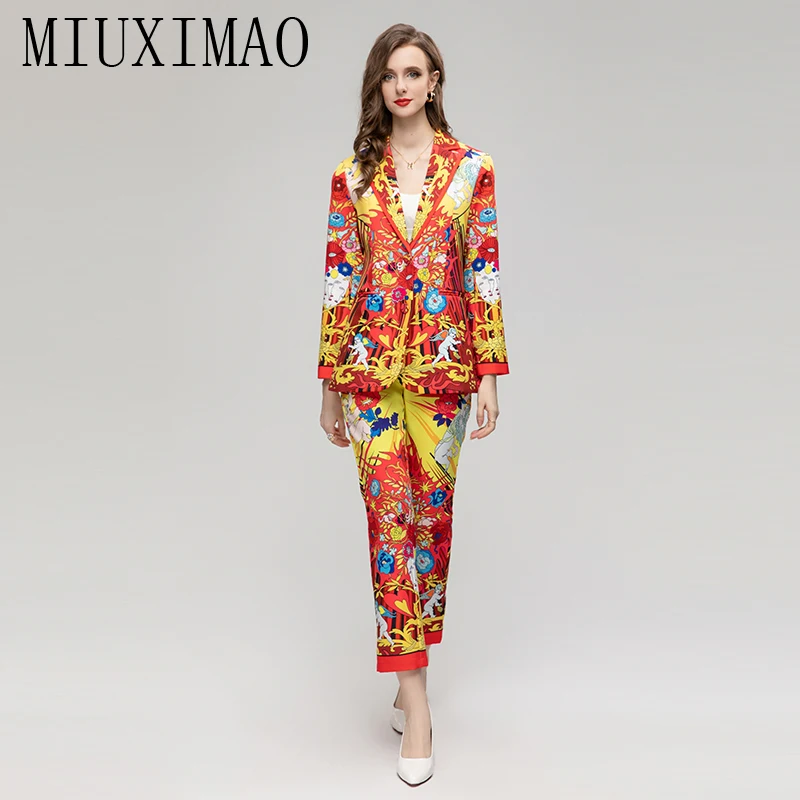 MIUXIMAO 2023 Fall Luxury Diamond  Sicily Elegant Suit Heart Angel Flower Prints Top+ Slim Pant Fashion Two-piece Set Women Suit